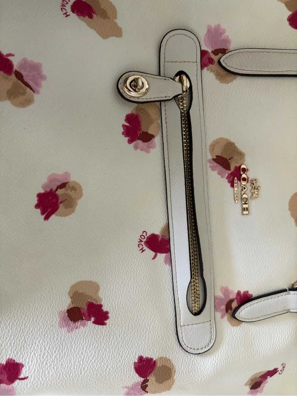 Coach Cream Tote with Pink and Tan Floral Accents